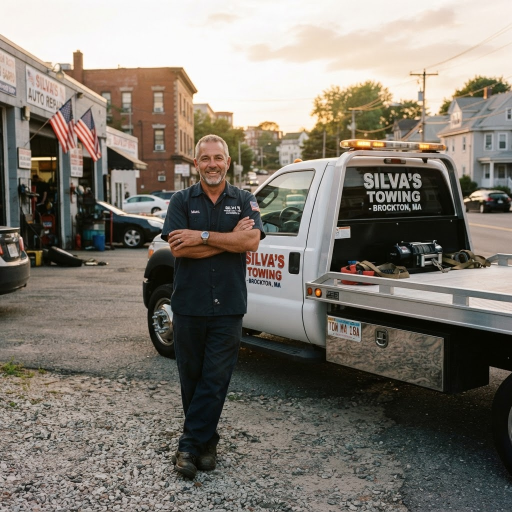 Towing Express Transport operator standing next to a flatbed tow truck in Brockton, MA