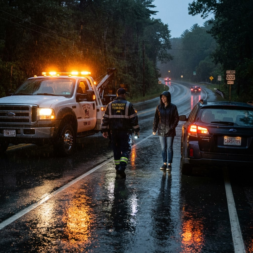 Tow truck with amber lights arriving at night to help a stranded driver on a Massachusetts road