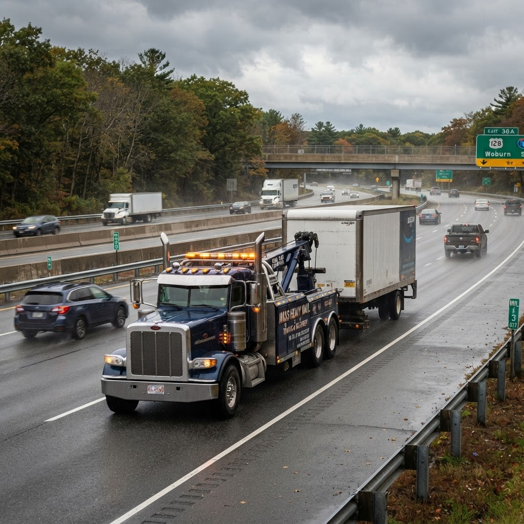 Heavy-duty wrecker towing a box truck on a Massachusetts highway