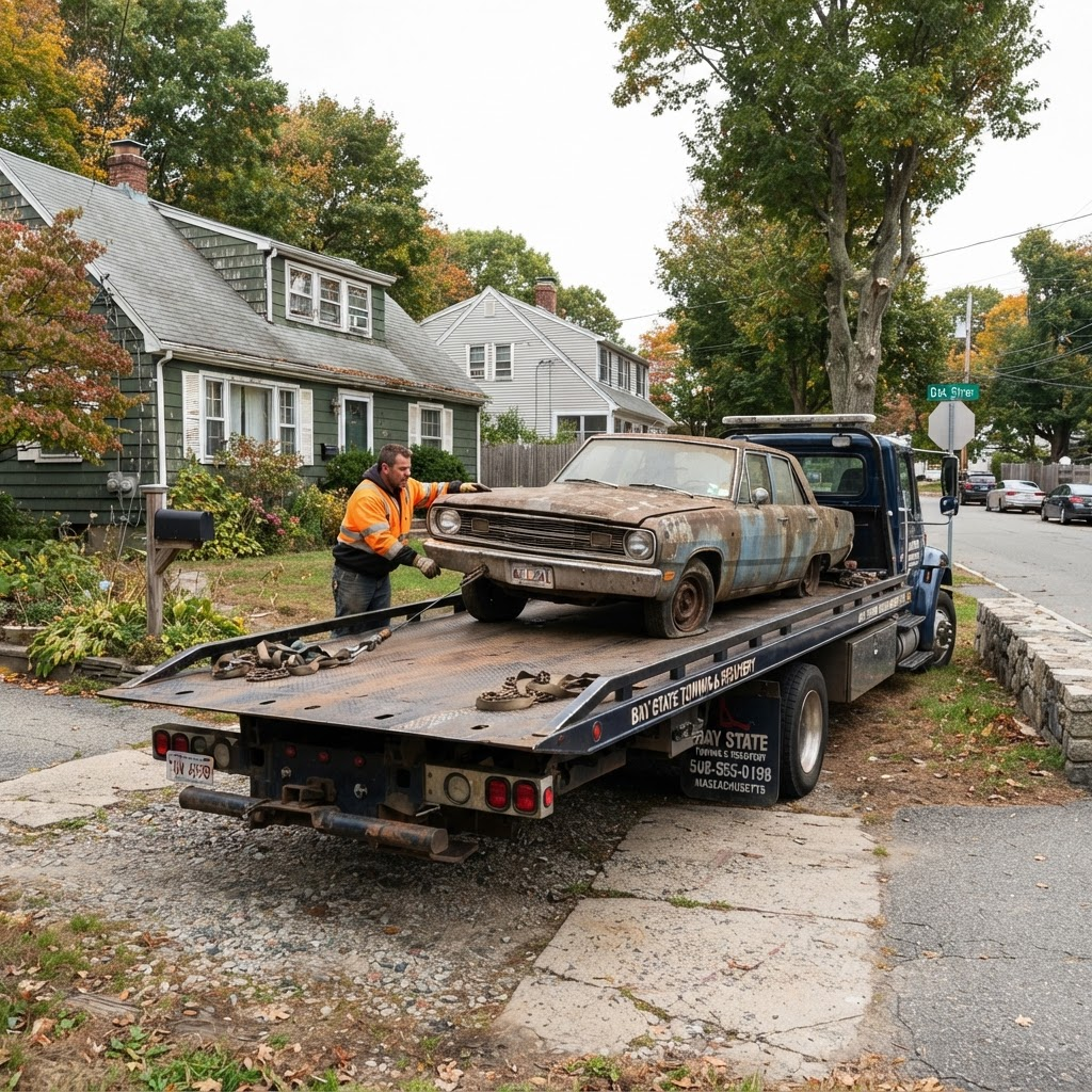 Tow truck operator loading an old junk car onto a flatbed in a residential driveway