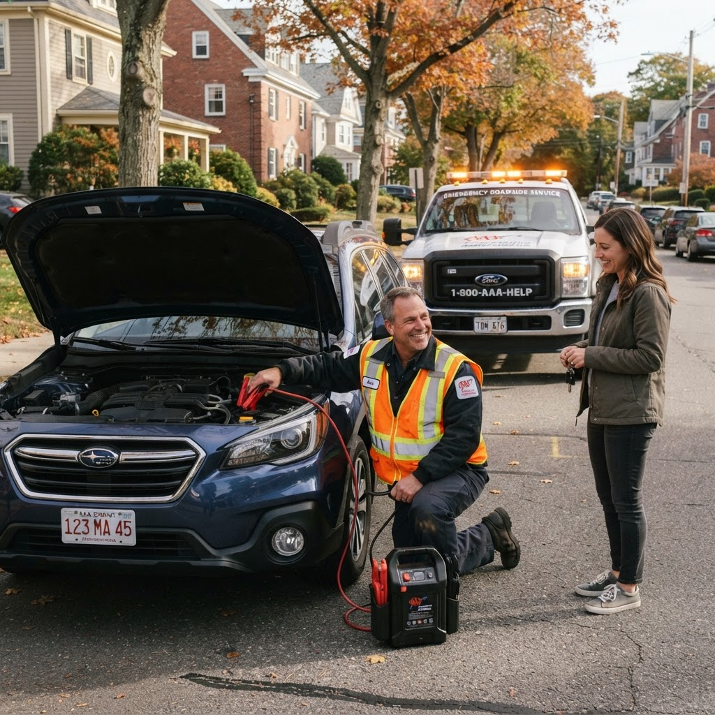 Roadside assistance technician jump-starting a car battery on a suburban Massachusetts street